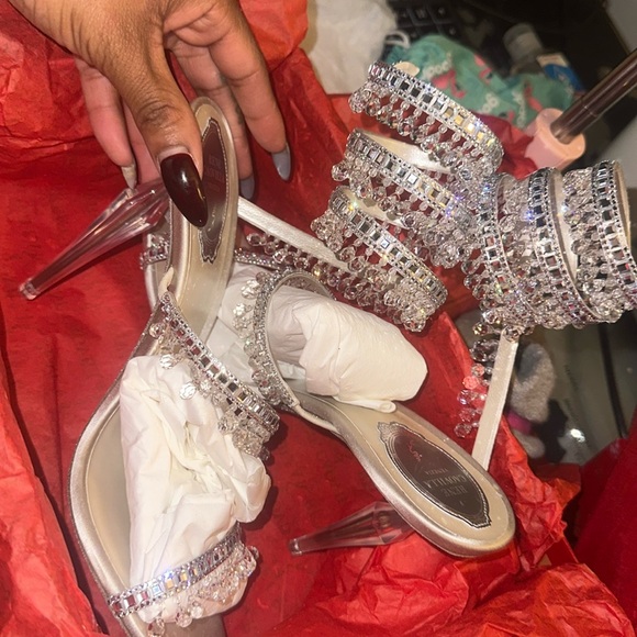 Rene Caovilla Silver Stiletto Heels with Crystal Embellishments - Picture 1 of 2